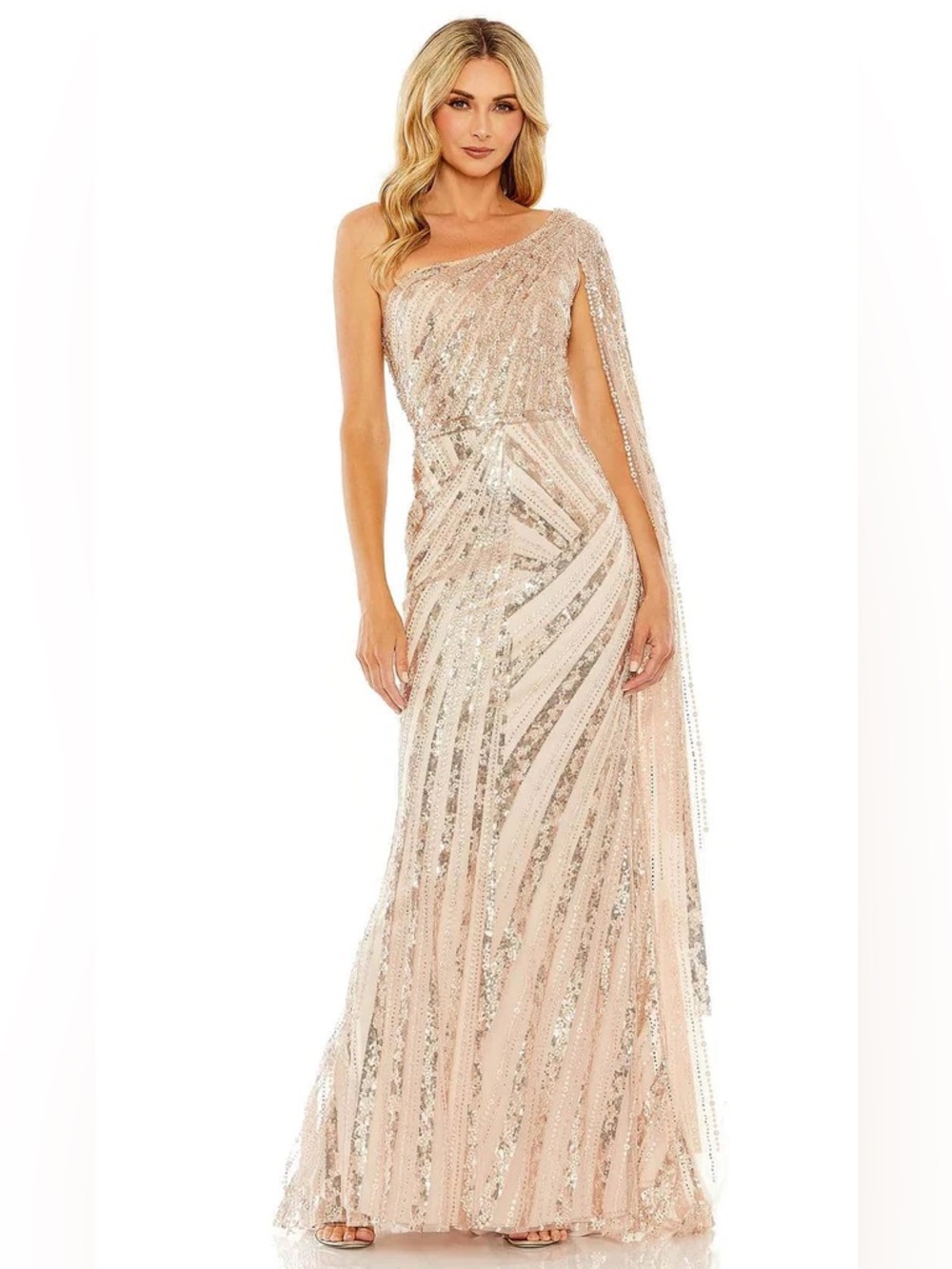 Mac Duggal 20528 Rose Gold One Shoulder Cape Sleeve Embellished Gown sz 10